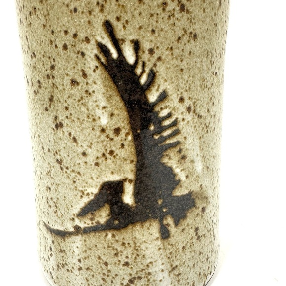 Signed Pterodactyl Art Pottery Vase Cylinder Dinosaur Bird Speckle Glaze - Picture 2 of 10